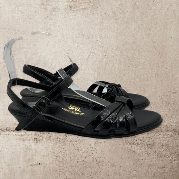 SAS TriPad Comfort Womens Black Patent Leather Ankle Strap Sandals Size 9 - Picture 1 of 6